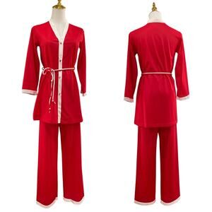 Vintage 60s MOD Red & White Nylon Hostess Pajama Set Women's Size Petite